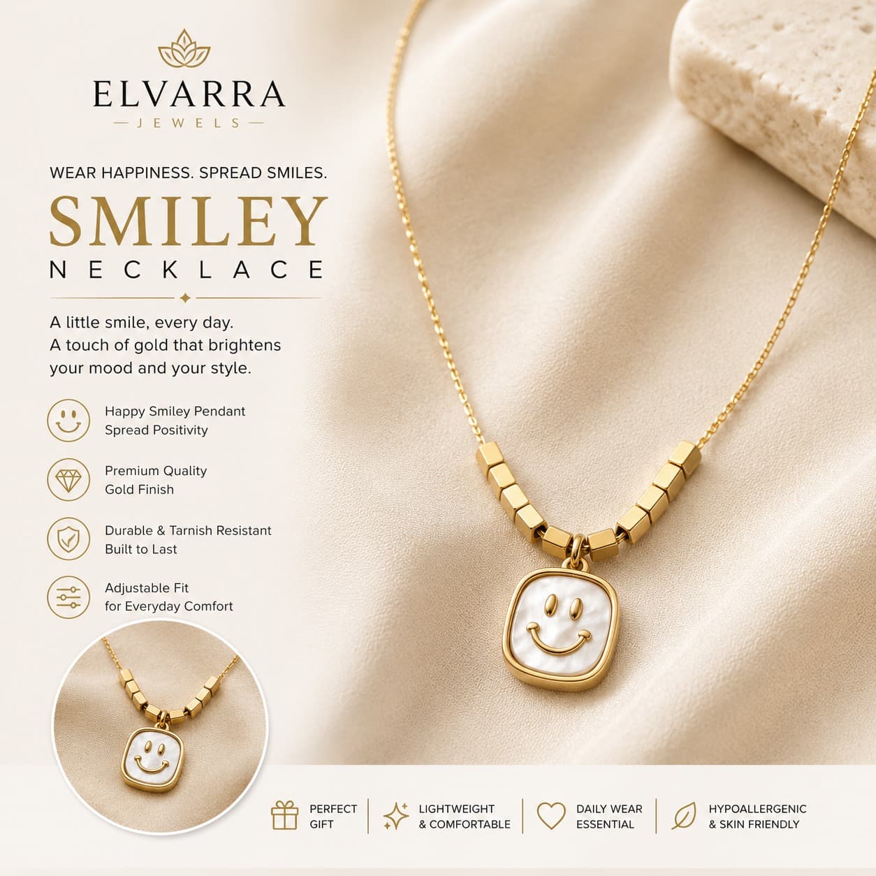Elvarra Anti-Tarnish Smiley Necklace – Everyday Luxury Pendan