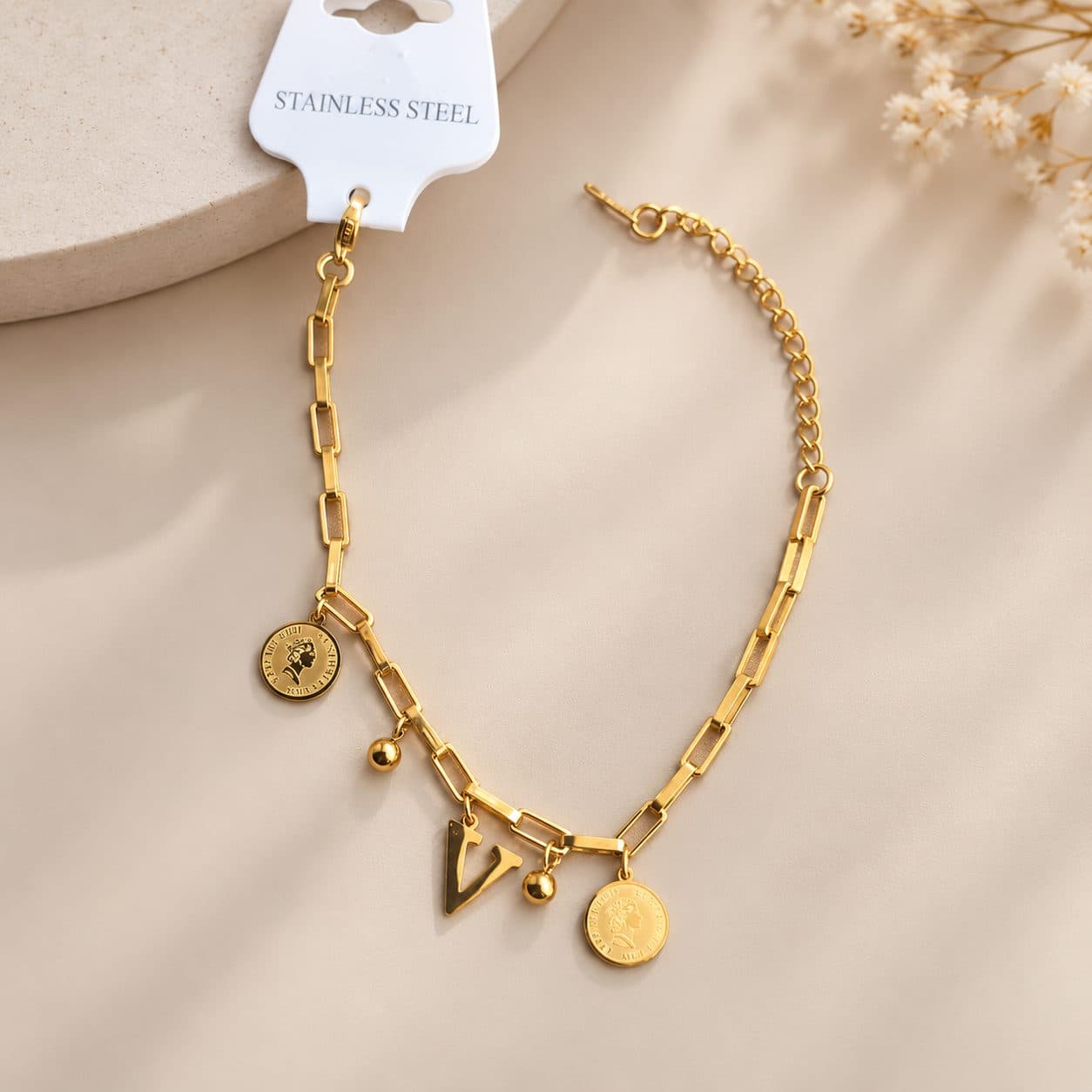 Anti Tarnishg Golden Initial V Charm Bracelet